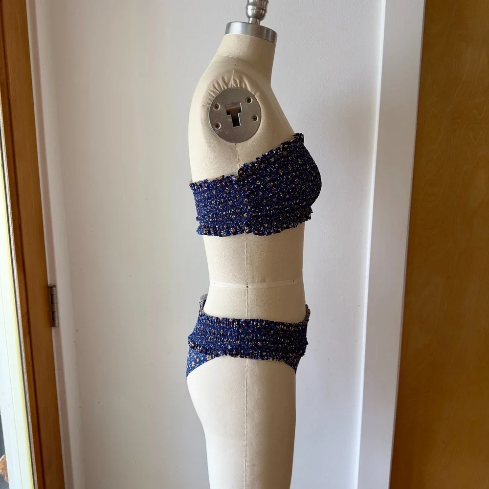Tory Burch Costa Blue Floral Smocked Bandeau Bikini Top &‎ Hipster Btm Set-Sz XS